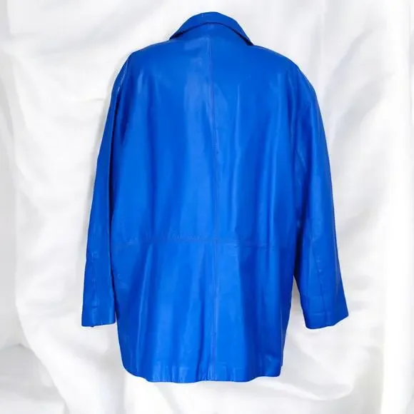 80s Retro Blue Leather Blazer Jacket Vintage Size L - Picture 8 of 16